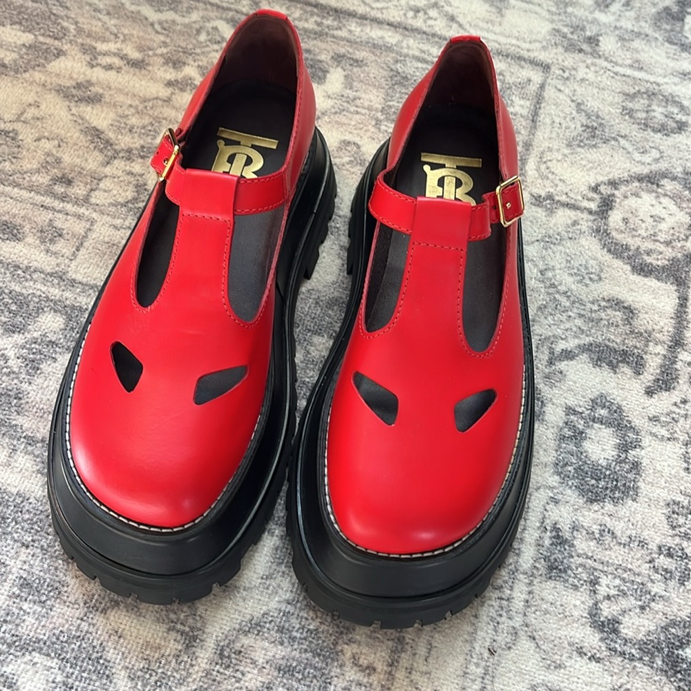 Burberry Aldwych Chunky Lug Sole Mary Jane Platform Loafer Cherry Red Size 40 - Picture 7 of 16